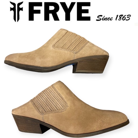 Frye Shoes - Frye Roxie Mules Shoes South Western Cowboy Boho Stacked Heel Retro Tan 6.5